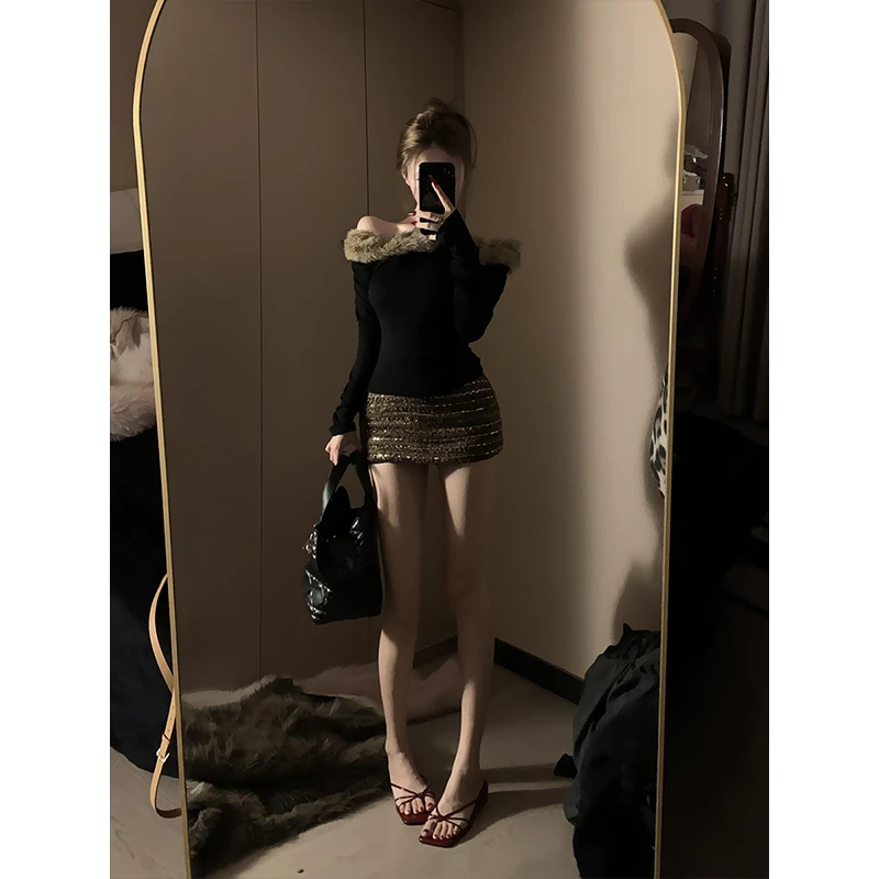 性感辣妹拼接毛领赫本风黑色长袖针织衫女冬季高腰亮片半身裙1217