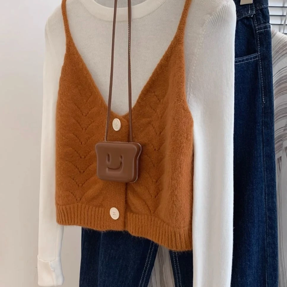 两件套橘色吊带小背心女秋冬内搭打底上衣外穿法式别致无袖针织