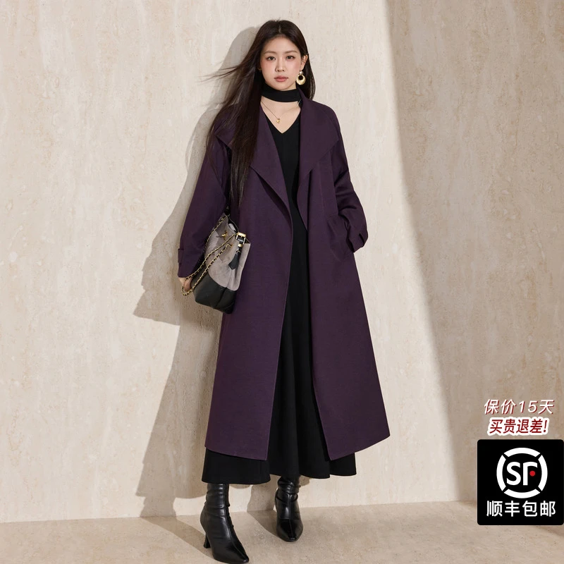 蓝语大码女装气质廓形大翻领风衣2025秋冬新品宽松休闲中长款外套