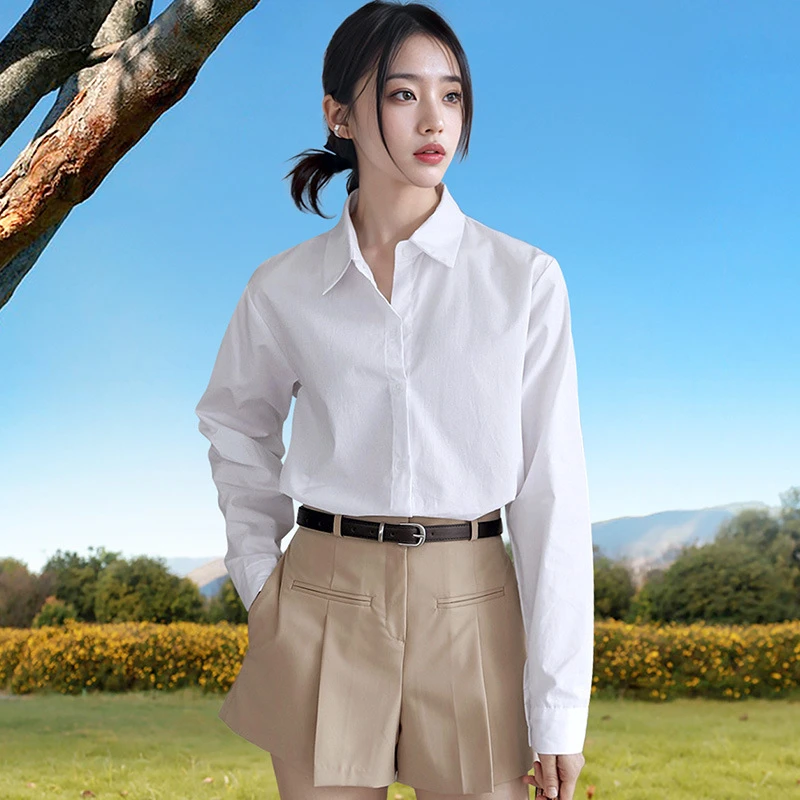 纽扣宽松衬衫设计感小众2025打底衬衣时尚上衣纯棉叠穿纯色女春秋