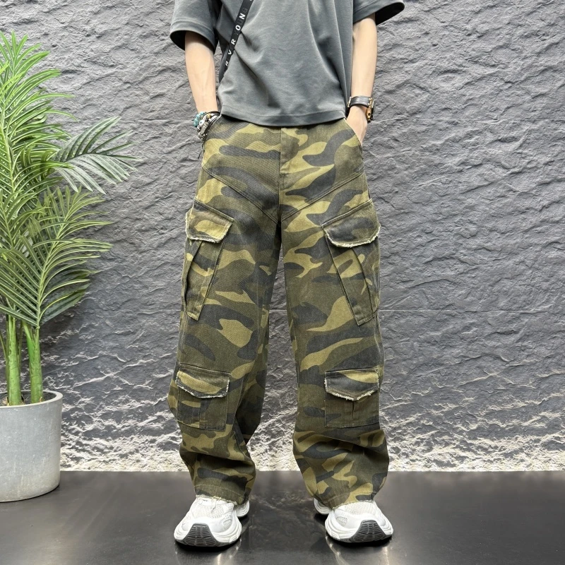迷彩拼接多裤袋潮流直筒阔脚工装长裤新款男士工装纯色直筒阔腿裤