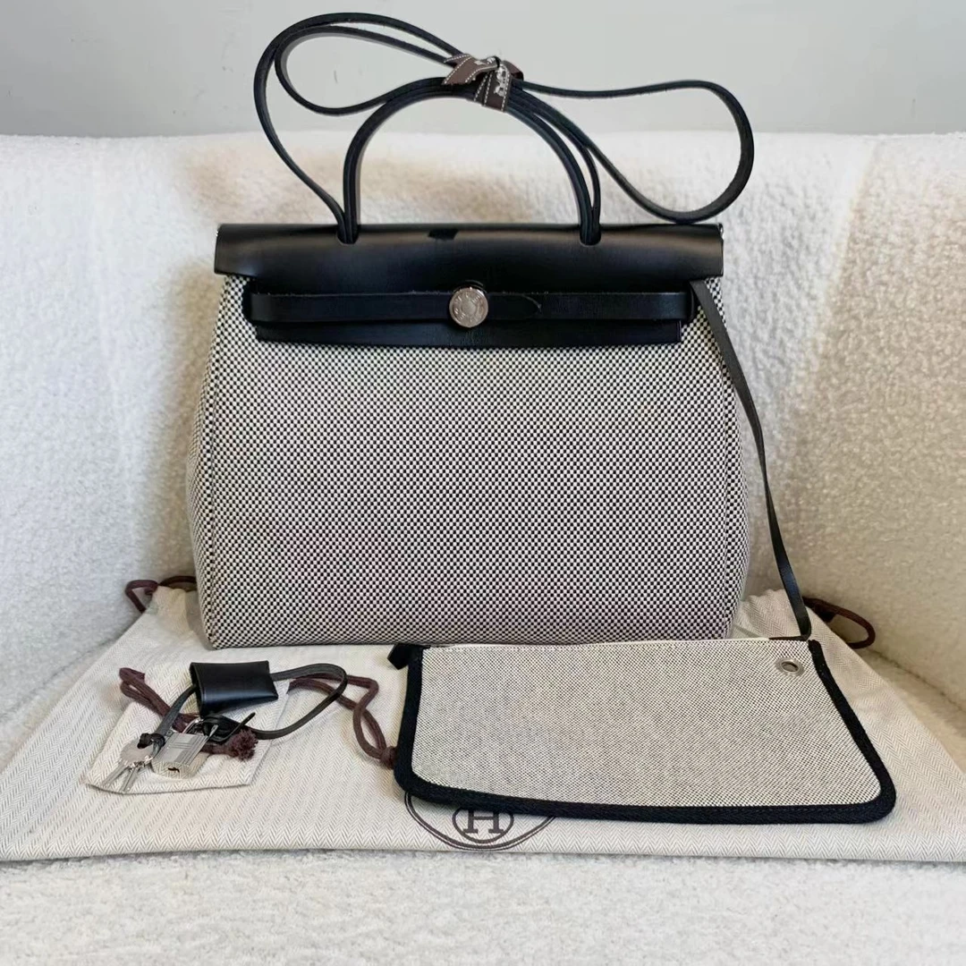 99新 Hermes/爱马仕 壹臻/熊猫拼色银扣华夫格herbag31/97119317