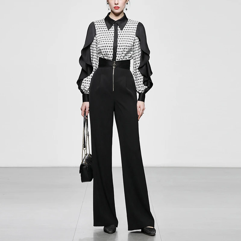 妮-气质荷叶袖印花上衣高腰个性腰头直筒长裤套装DC30187