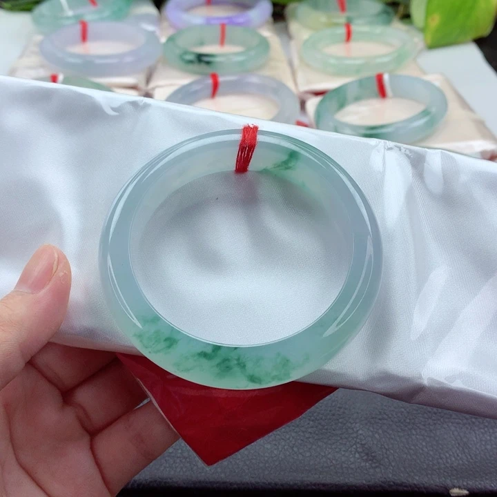 翡翠手镯未镶嵌58圈口 冰胶润意境美一抹蓝花