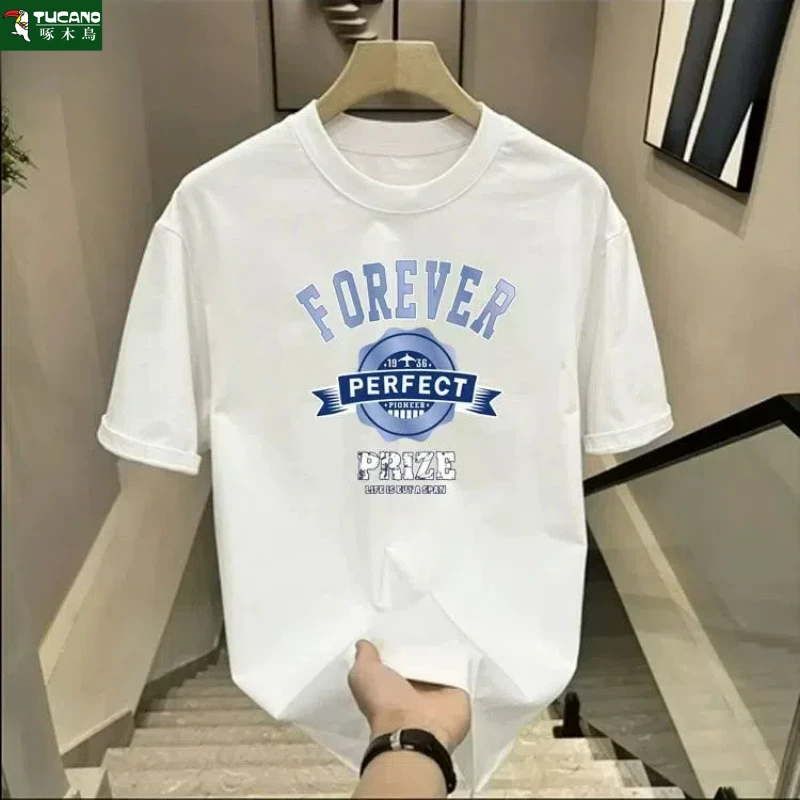 啄木鸟新款潮流男短袖印花t恤百搭潮牌学生宽松休闲圆领上衣男ins