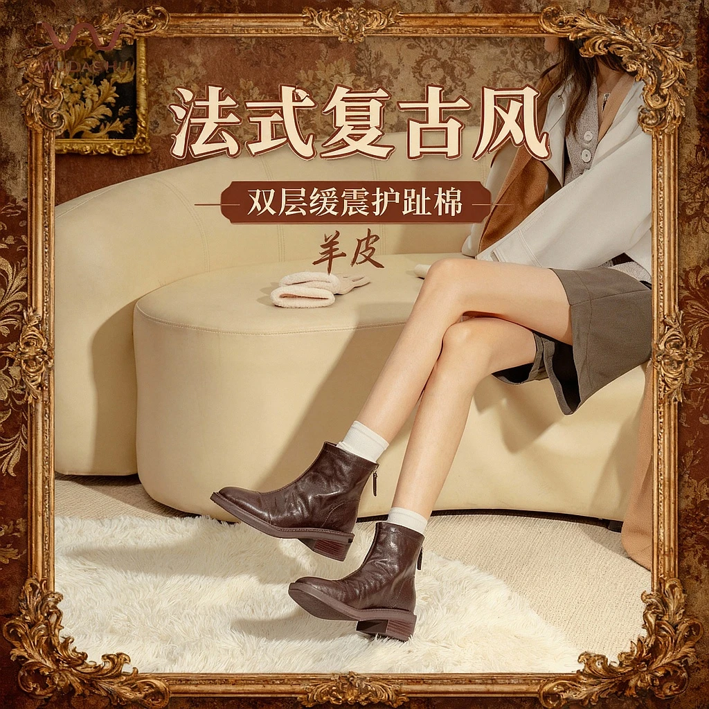 吴大叔红云鞋羊皮法式复古中跟粗跟显瘦气质小短靴百搭瘦瘦靴Z559