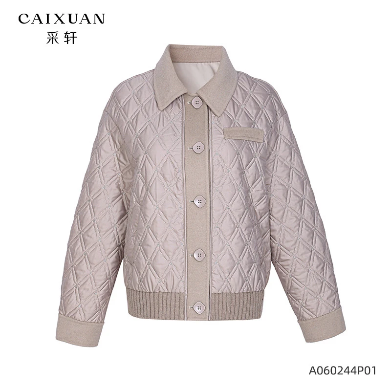 A060244p01CAIXUAN采轩拼接羊毛翻领短款棉服