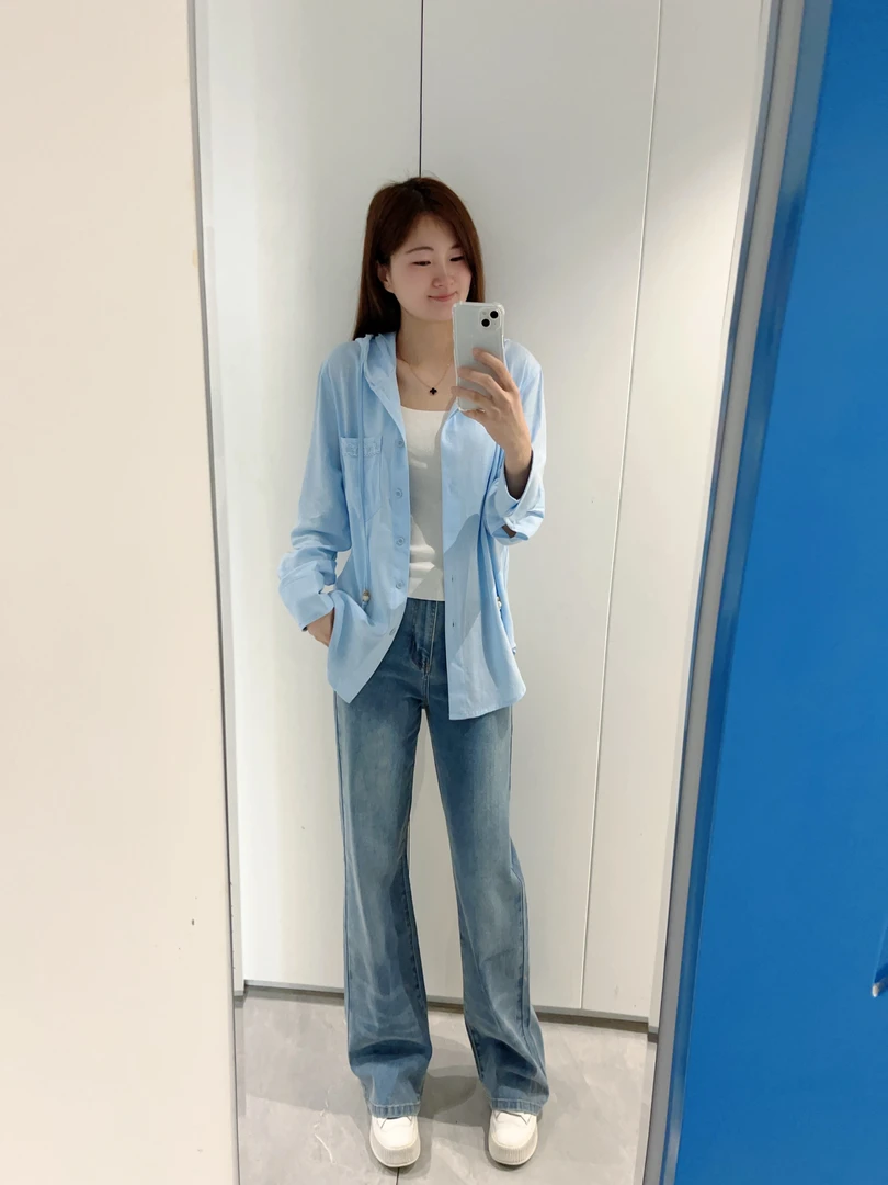 韩单小尾单亚麻连帽浅蓝色牛仔衬衣衬衫夏季长袖上衣