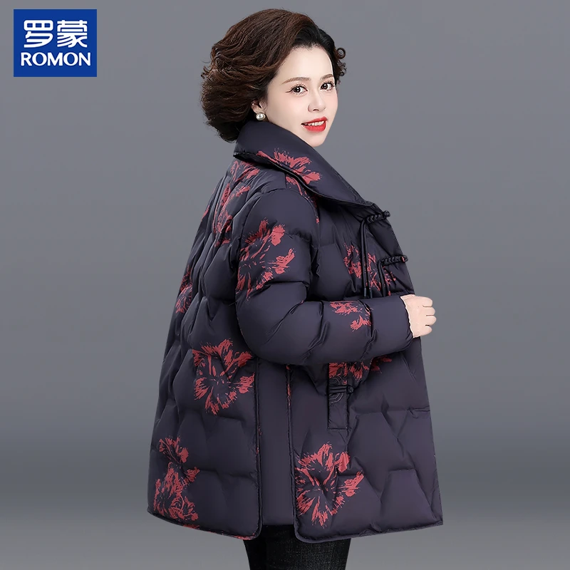 罗蒙妈妈冬装国风印花棉服新款洋气中年女高档外套中老年保暖棉衣