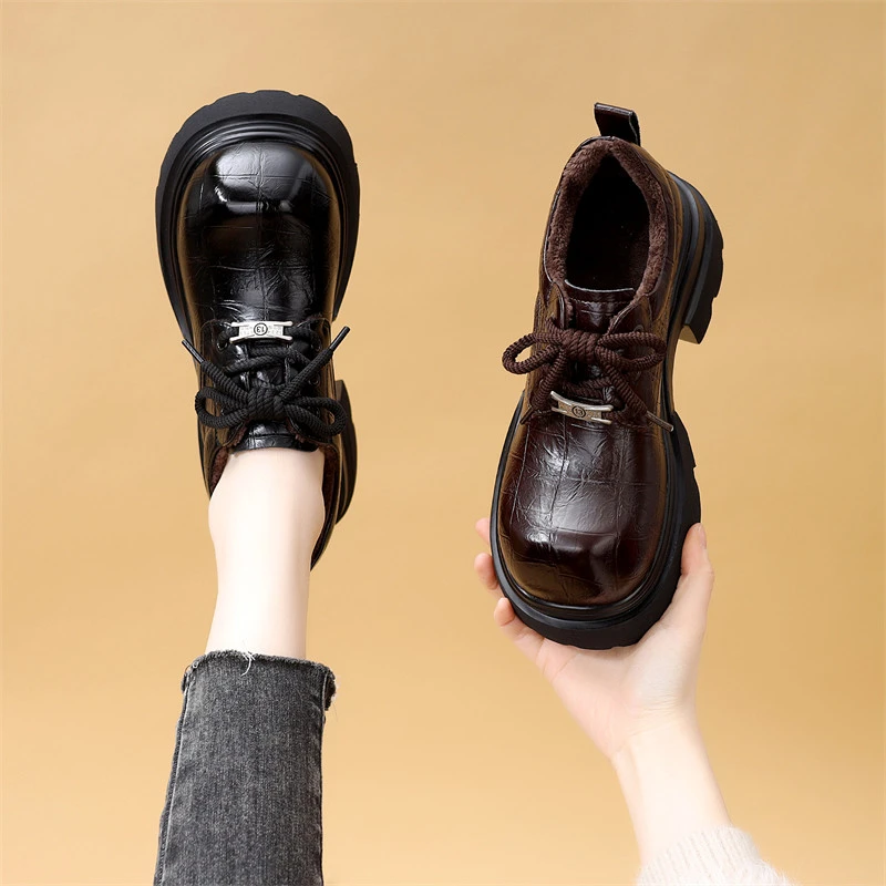 厚底爆款乐福鞋女款2025冬季新款复古增高单鞋加绒系带大头小皮鞋