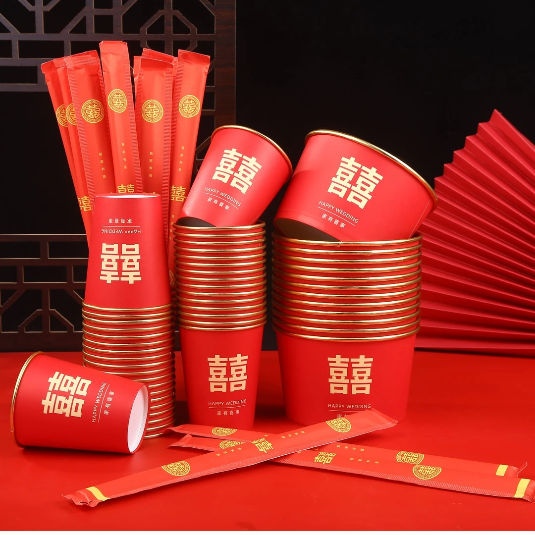 一次性加厚喜庆 结婚金箔纸杯＋纸碗＋筷子 三件套