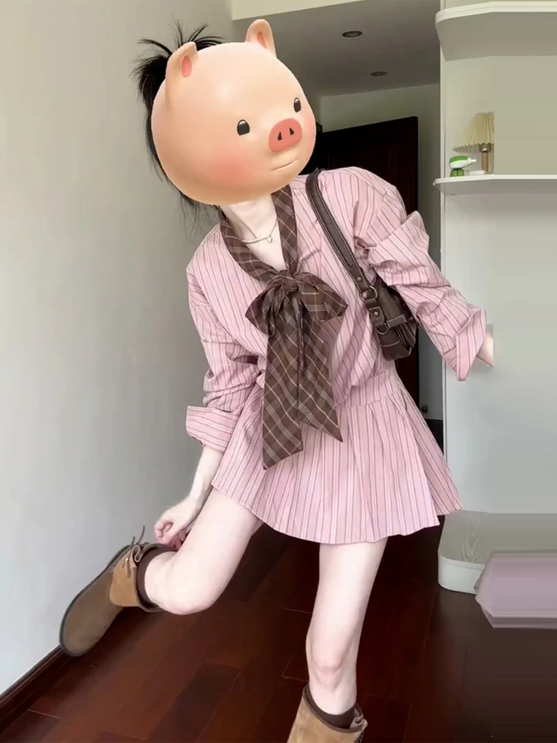 法式粉色条纹衬衫连衣裙子女秋冬季2025爆款巨好看穿搭一整套短裙