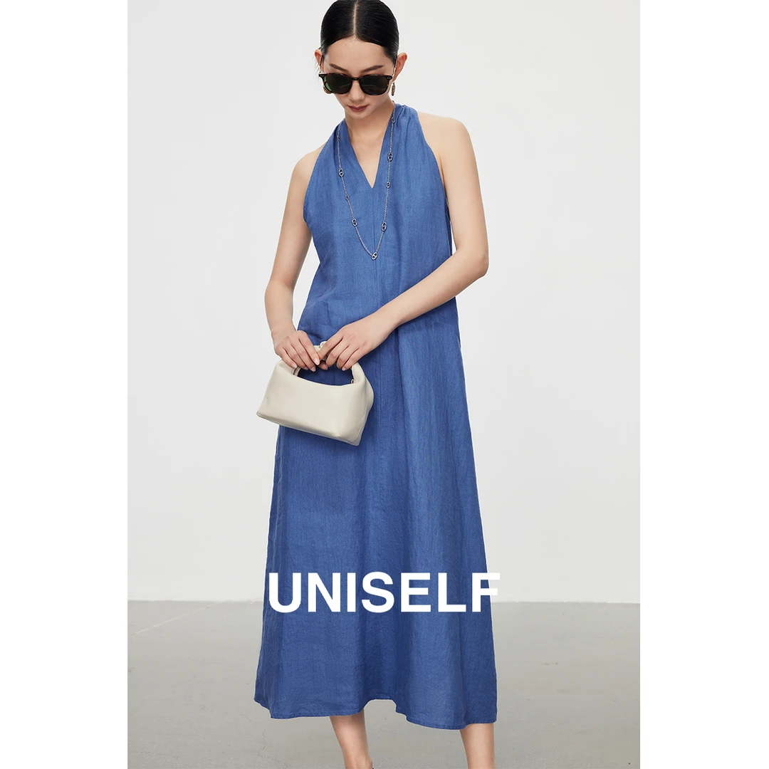 UNISELF度假风挂脖亚麻连衣裙2025新款气质减龄凉感A字裙子100567