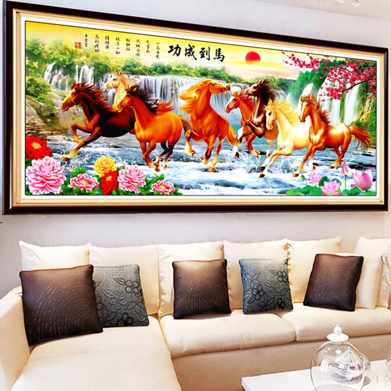1.47大纯手工绣好十字绣成品成品707马到成功客厅挂画