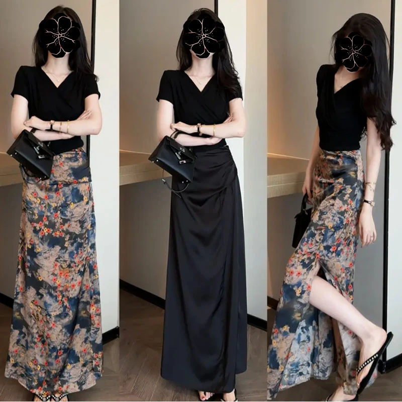 御姐范时尚套装裙女士夏季新款洋气V领短袖上衣开叉半身裙两件套