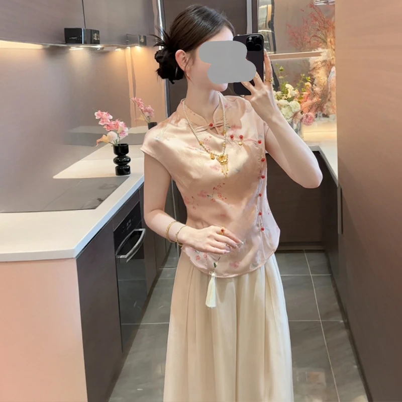 2025夏季新款新中式国风无袖斜襟盘扣上衣+高腰显瘦阔腿裤套装女