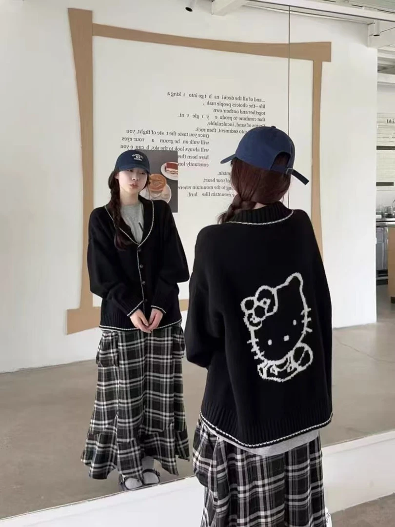 秋季翻领卡通提花厚款宽松针织衫毛衣女学院风百搭ins开衫外套