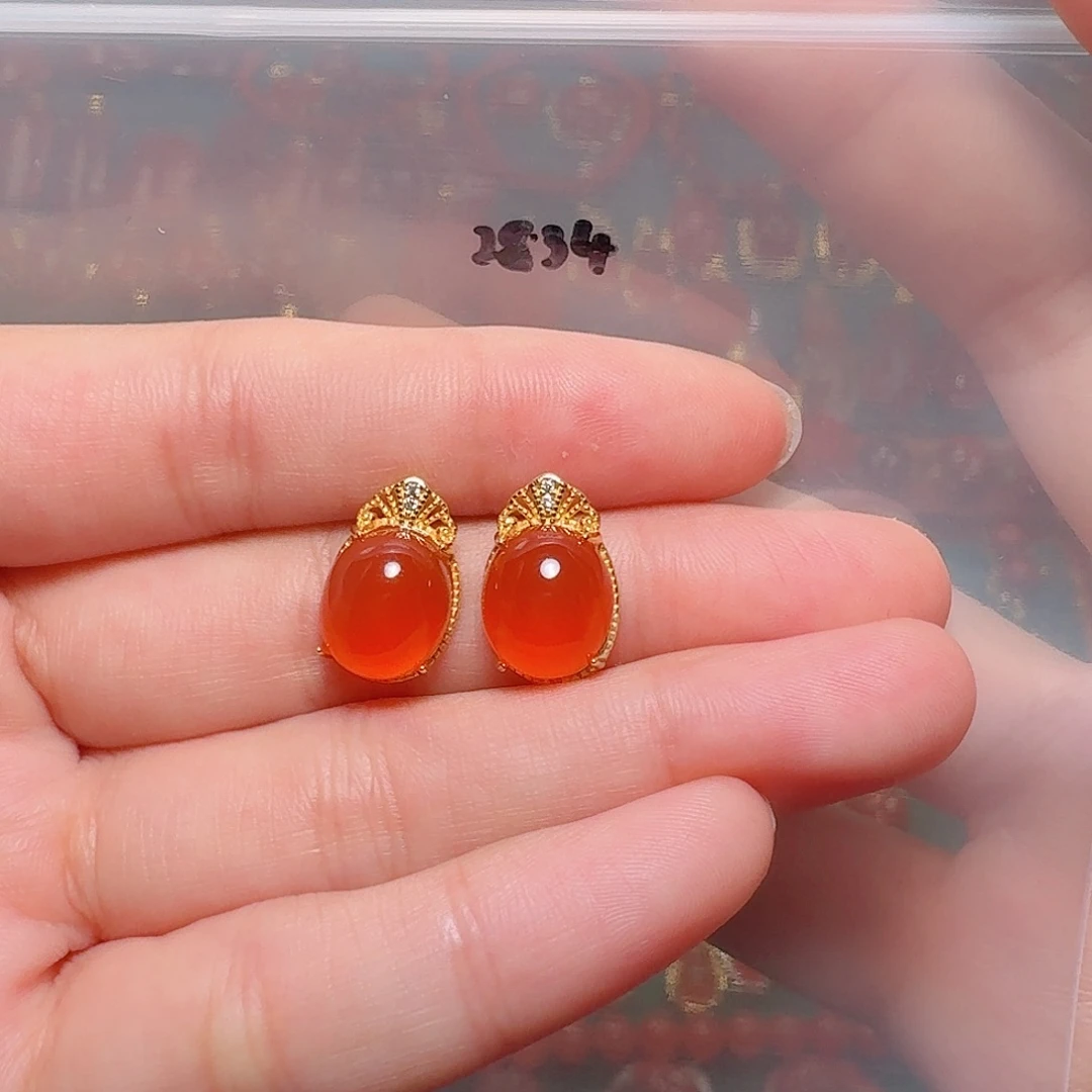 南红玛瑙银S925镶嵌耳饰