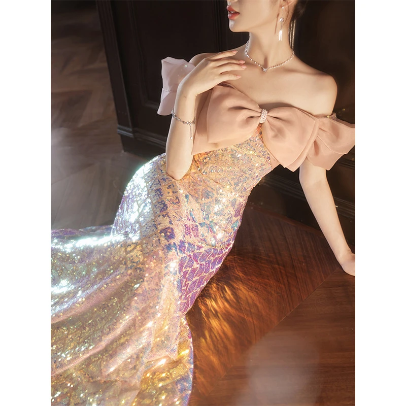 一字肩晚礼服女2025新款轻奢小众粉色生日毕业成人礼艺考亮片礼服