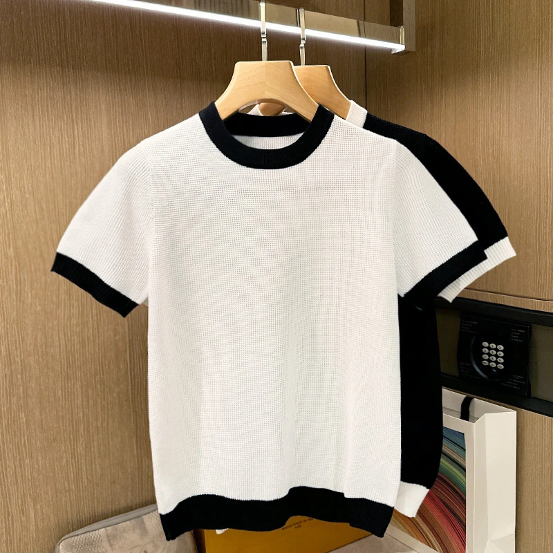 官方正品镂空透气针织短袖T恤男士夏季新款潮流撞色休闲圆领上衣