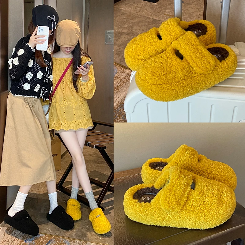 【蓓蕾私服】网红街拍法式厚底毛毛拖鞋女新款小个子增高懒人拖鞋