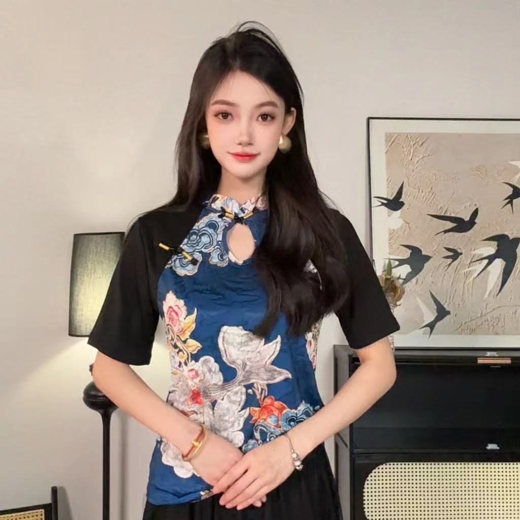 【双赢】新中式国风旗袍领瑞彩祥云重工打底衫女3065