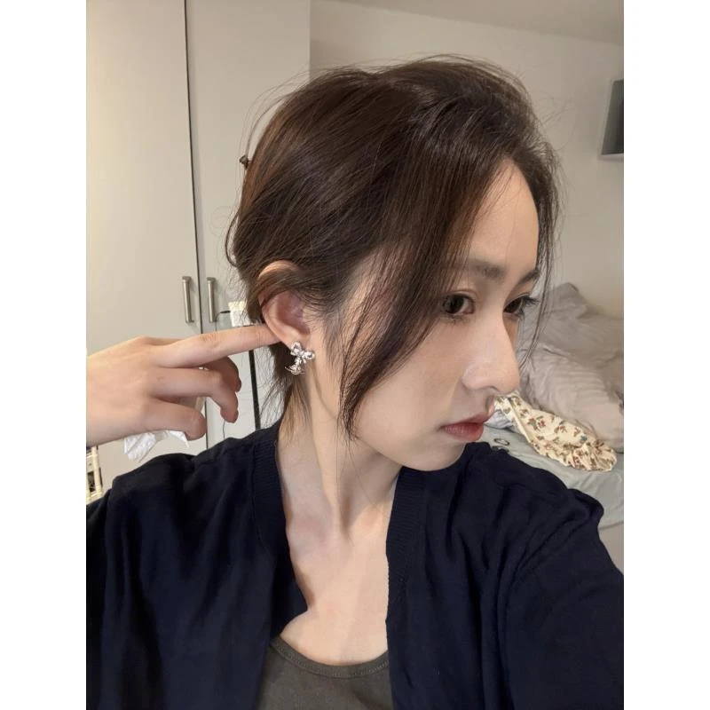 铜合金合成锆石耳饰 【蝴蝶结orb耳钉】 爆款好看满钻嘻哈土星耳钉