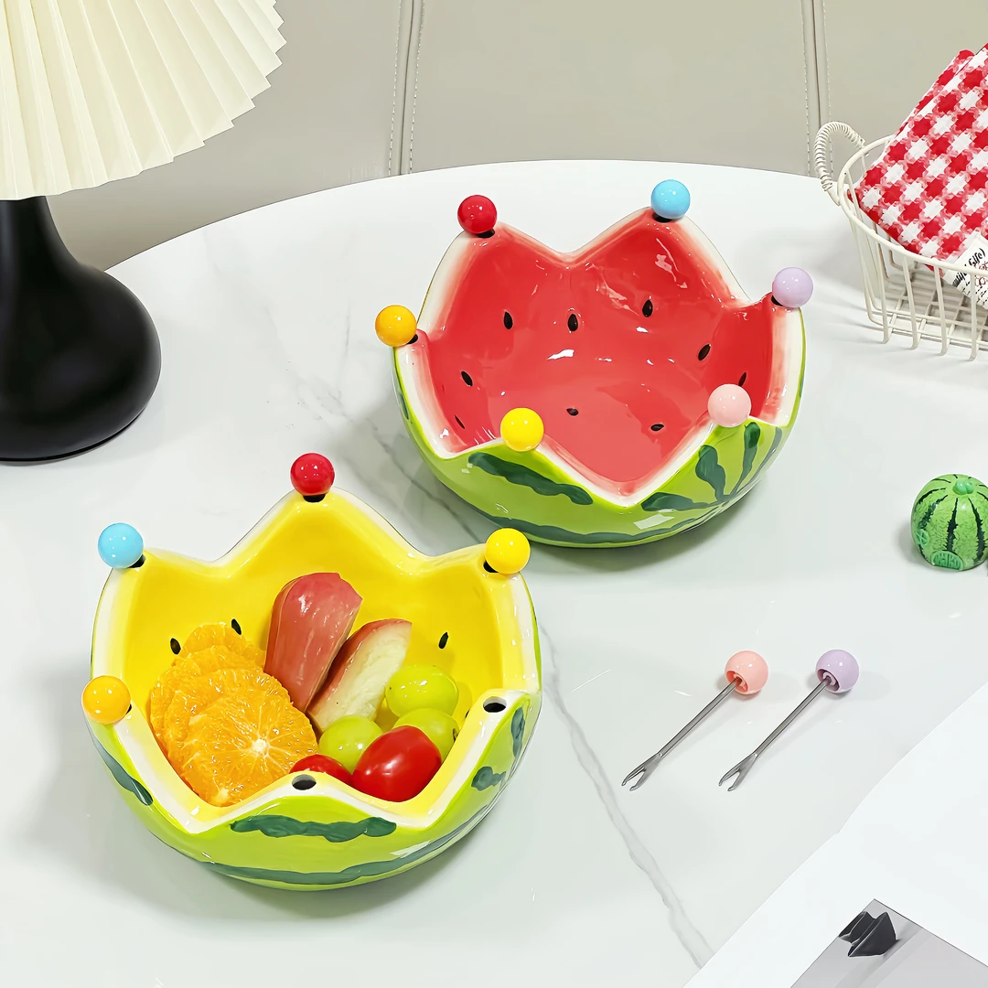 INS风西瓜果叉碗家用高颜值装饰摆件不锈钢果叉收纳碗冰沙酸奶碗