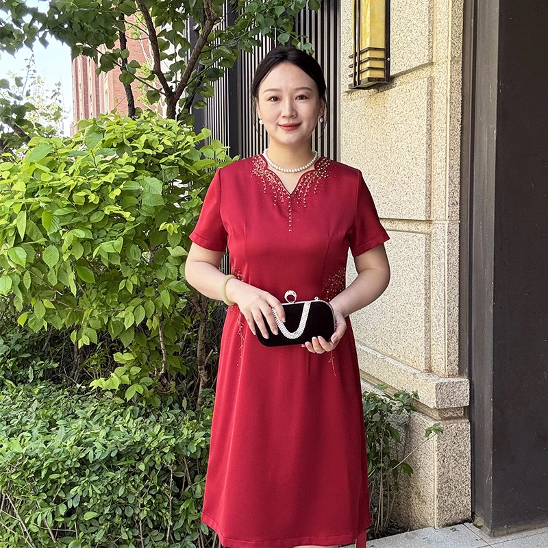 夏季女新款高档喜婆婆喜妈妈装小个子醋酸大码婚宴礼服连衣裙洋气