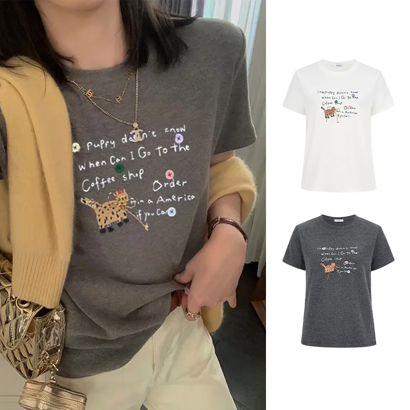 Moses Queen/魔西女王设计感斑点猫字母印花短袖T恤气质百搭上衣