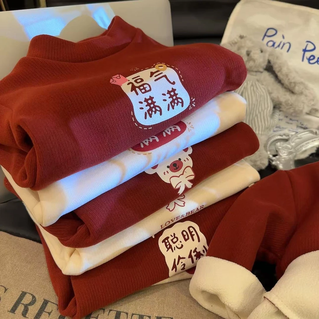 秋冬新款加绒加厚打底衫过年战袍儿童女童半高领百搭加绒保暖卫衣