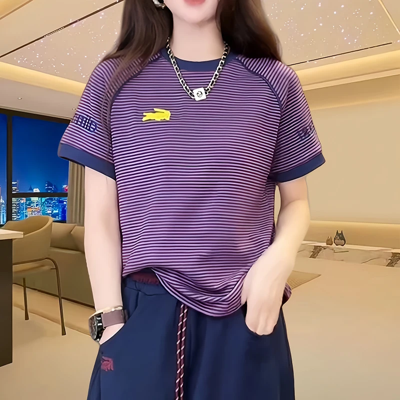 重工明线条纹刺绣T恤女2025夏季新款圆领百搭显瘦短袖上衣ins