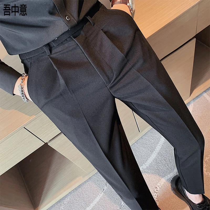 松紧腰裤子男款爆款9分裤春秋商务正装时尚百搭直筒小脚垂感西裤