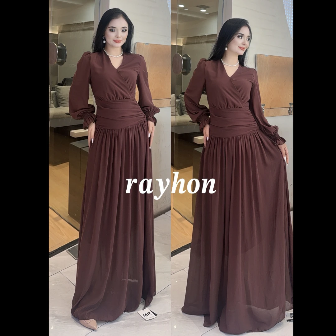 Rayhon秋季V领假两件腰部褶皱优雅气质连衣裙