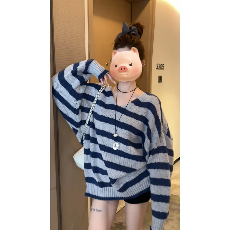 撞色条纹V领套头毛衣女秋冬季宽松慵懒风长袖针织衫早秋chic上衣