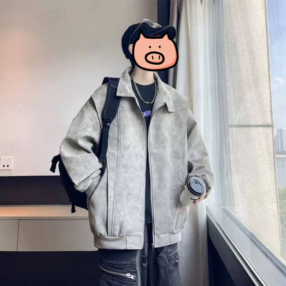 夹克男女款春季美式复古棒球领休闲宽松美拉德水洗皮衣港风