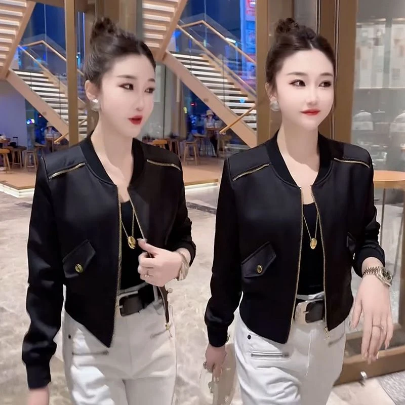 欧货2025春秋新款韩版简约时尚圆领短款外套女夹克修身显瘦上衣潮