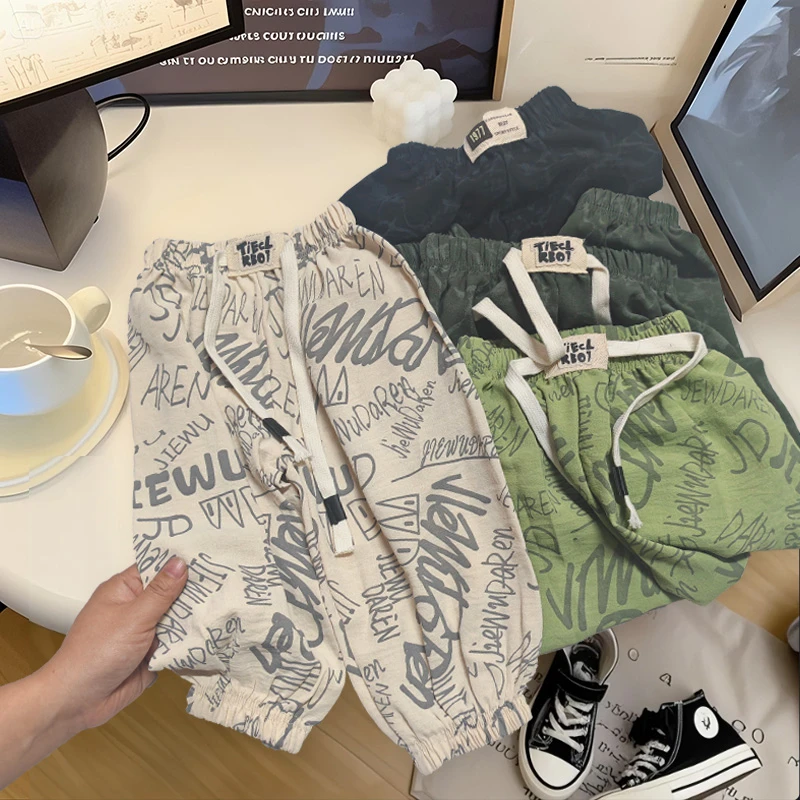 (冰丝麻)夏季新款宽松时尚洋气碎花透气薄款儿童宝宝防蚊束脚裤