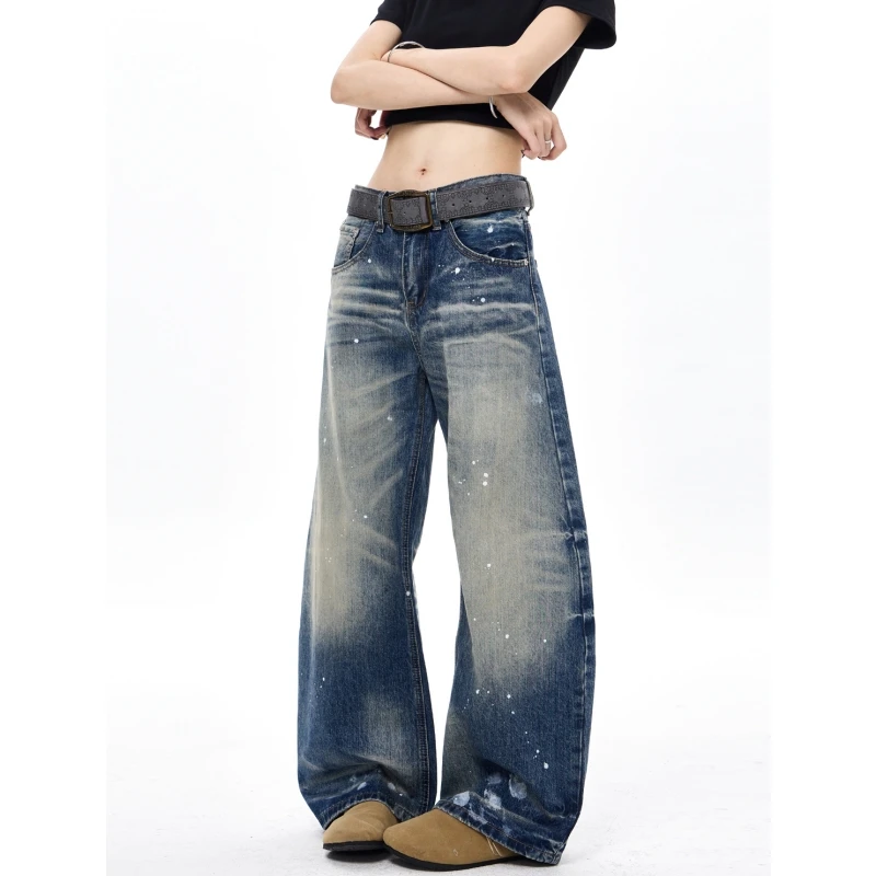 高个子加长美式复古水洗泼墨弯刀牛仔裤女宽松显瘦直筒阔腿拖地裤