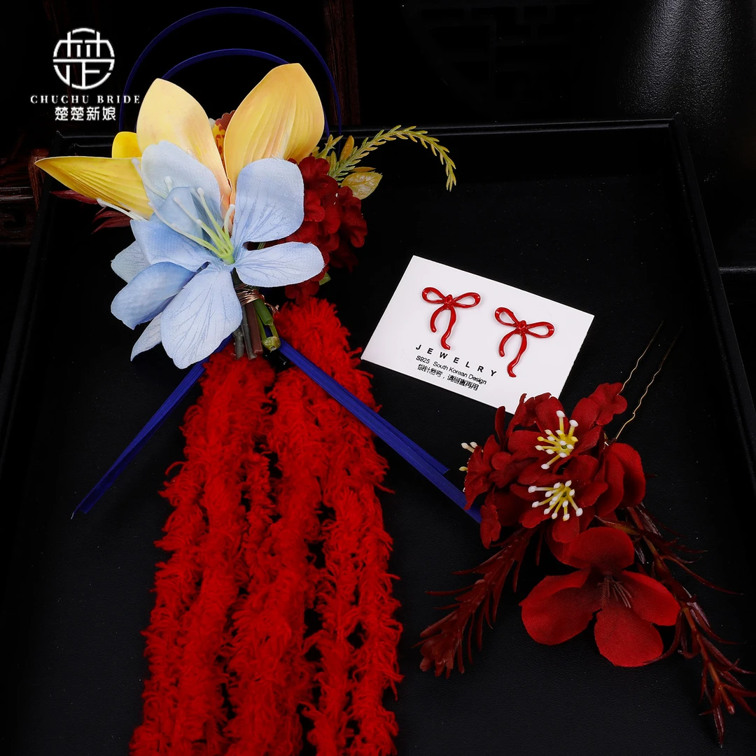 新款新娘中式头饰森系红色头饰汉服旗袍发簪婚纱发饰旅拍配饰品