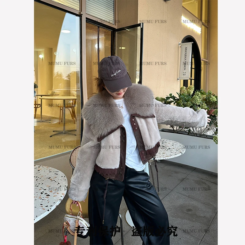【MUMU·W】进口美利奴羊皮毛一体外套女短款狐狸毛领皮草大衣582