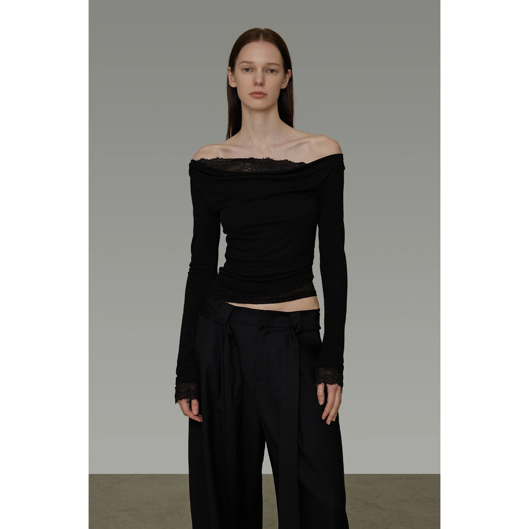 UNSPOKEN【领口不对称 简约百搭高级】拼接一字肩针织衫UQ25S088