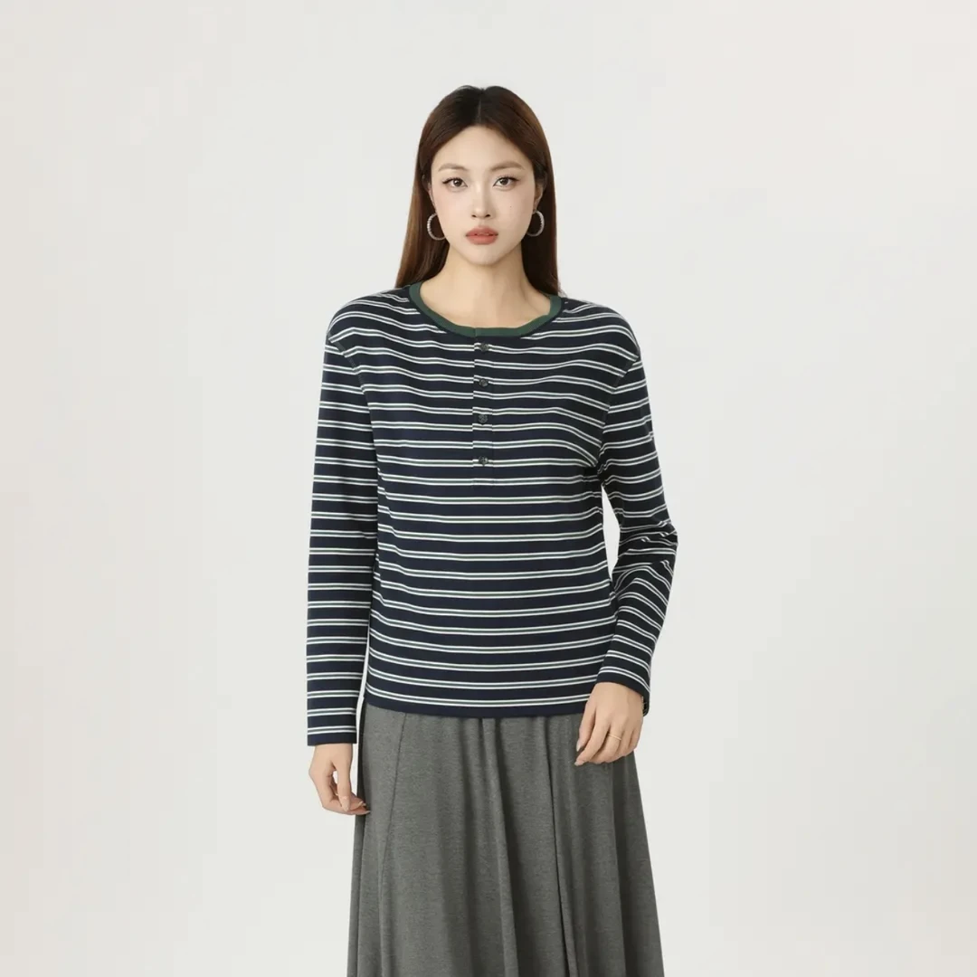 GIRDEAR/哥弟新款慵懒风百搭长袖T恤经典条纹套头女 130112
