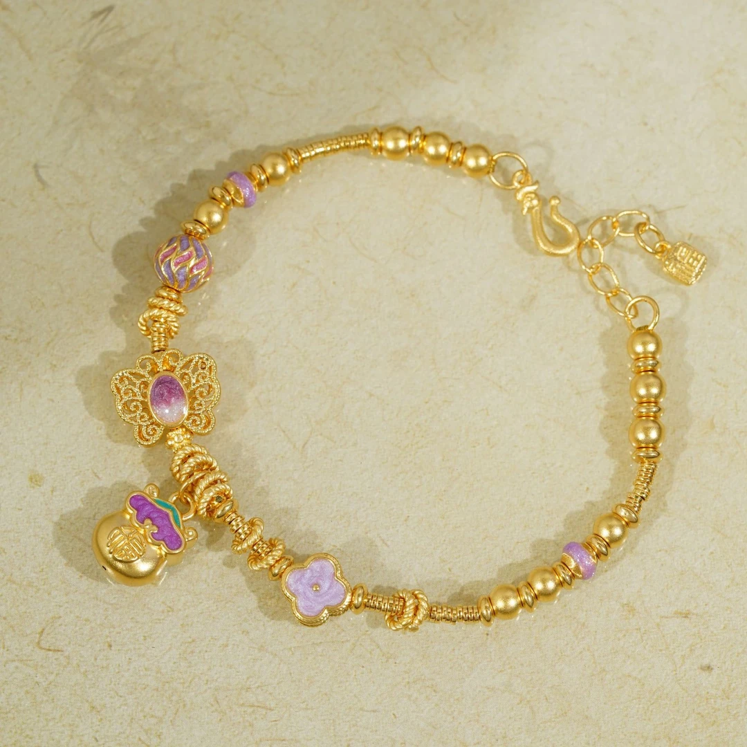 足金999珐琅彩郁紫气东来紫蝴蝶福袋可调节手链 03241001