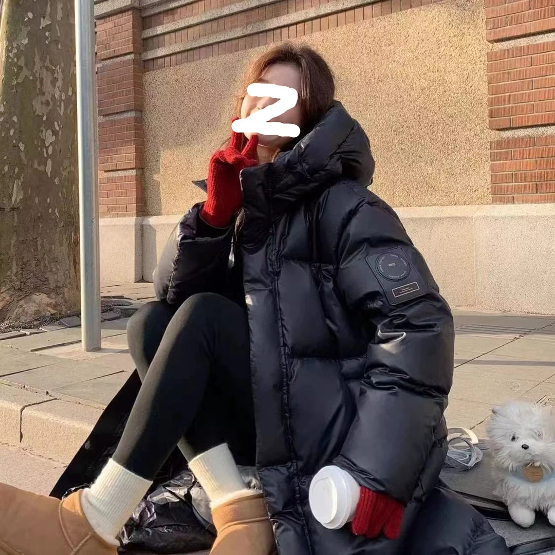 4969情侣款冬季保暖连帽长款羽绒服