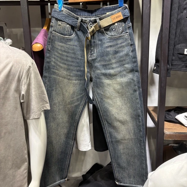 水洗拉链复古蓝色直筒牛仔长裤8858