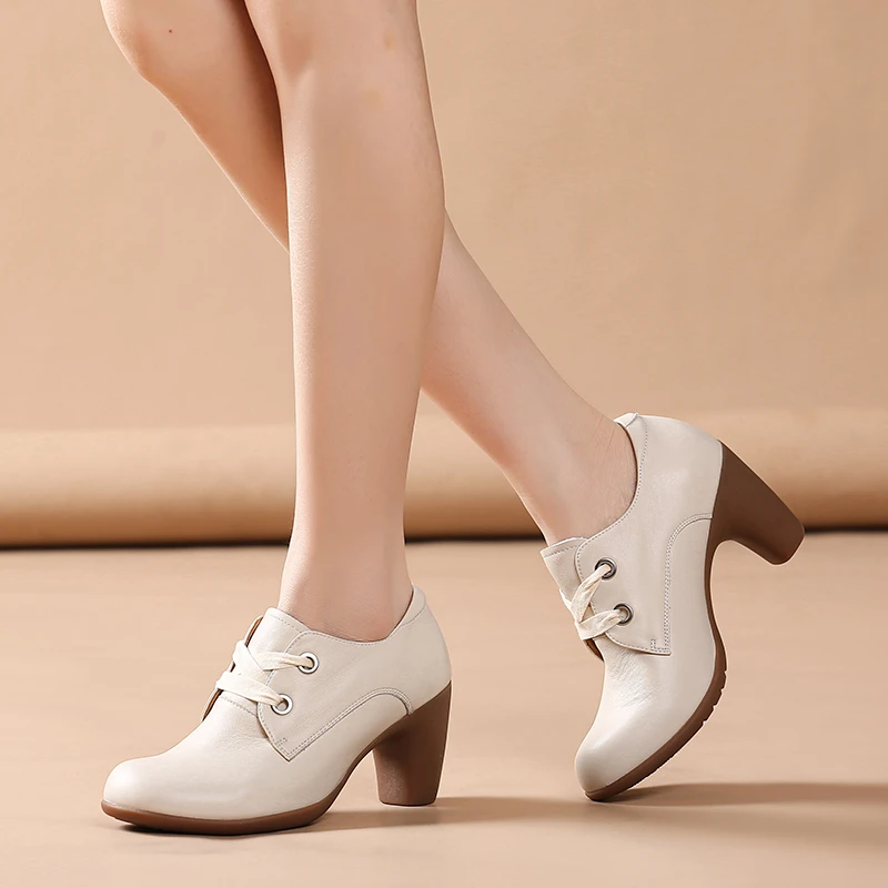 8CM高跟鞋女春秋新款系带深口单鞋宽楦软底软面舒适真皮鞋小皮鞋