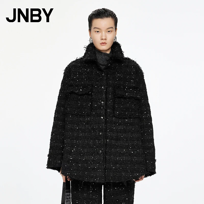 JNBY/江南布衣秋冬羽绒服复古小香风亮片提花宽松衬衫领5O0C15360