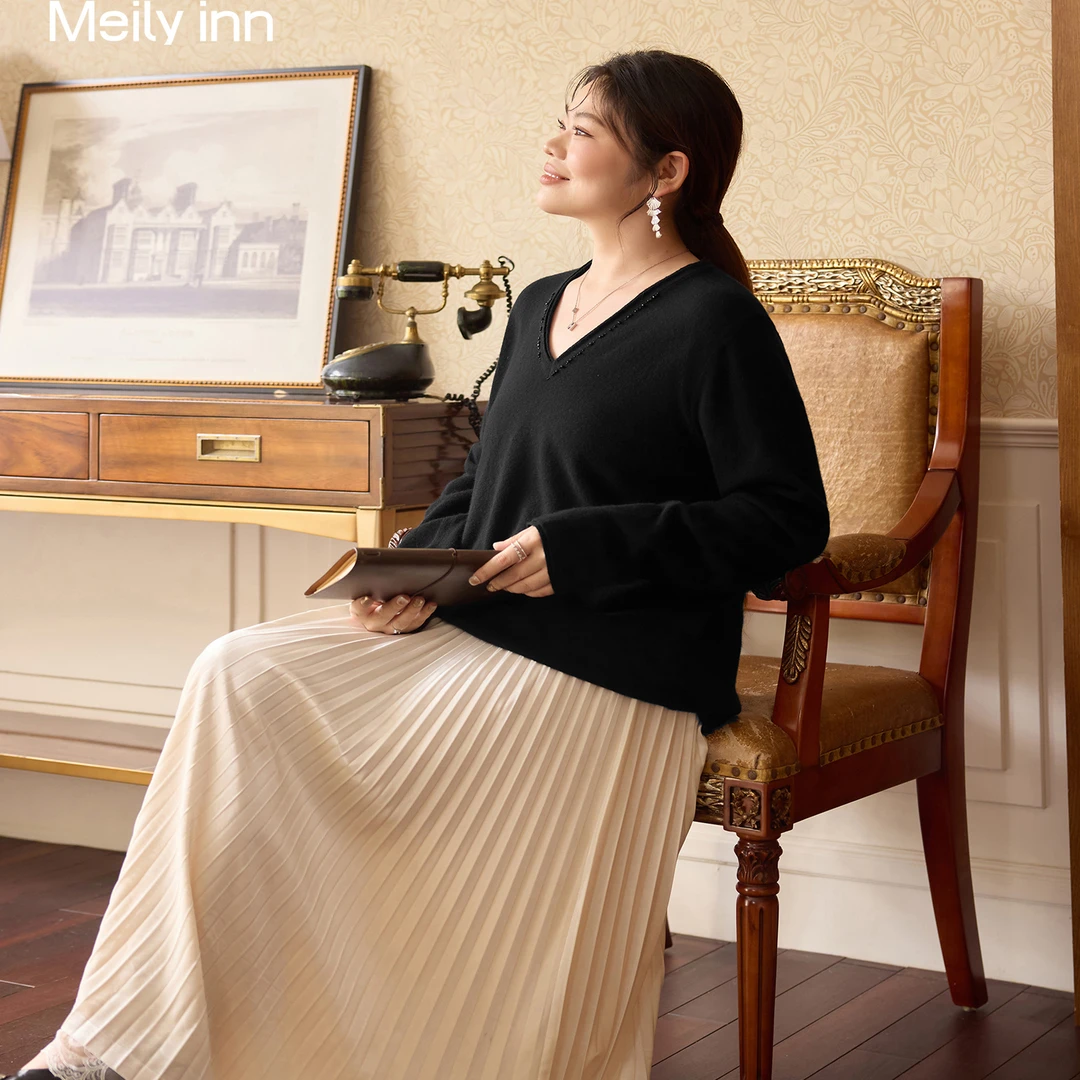 美丽客栈大码女装100%绵羊毛针织衫25年新款胖mmV领基础百搭毛衣