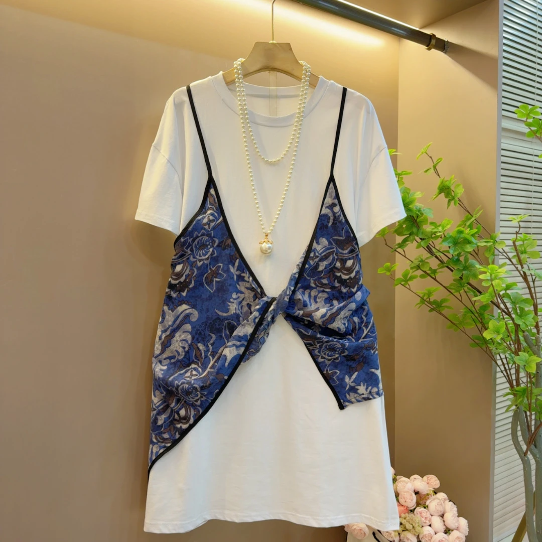 时尚圆领拼接高级感显瘦假两件减龄大衫裙（衣长85左右）